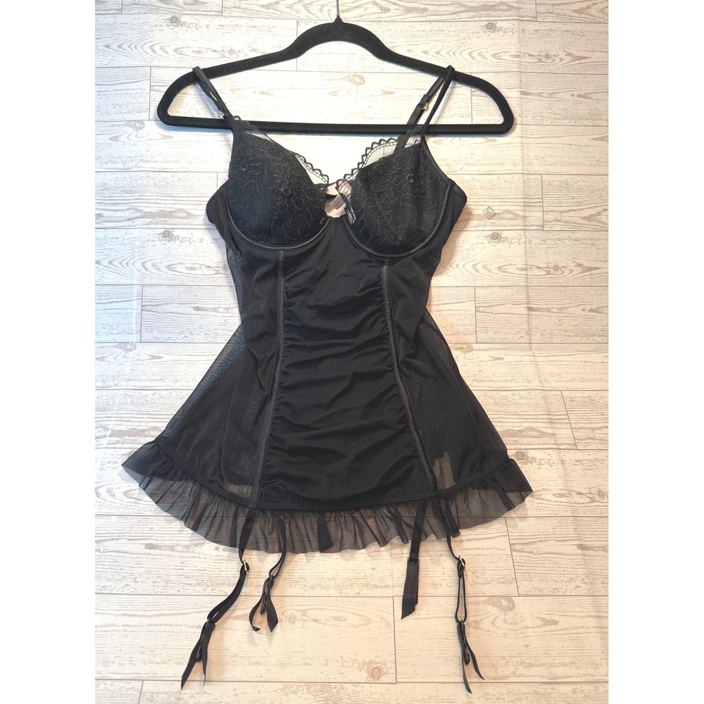 Victoria's Secret Slip Dress Women M Black Lace Mesh Garter Coquette SoftAlt